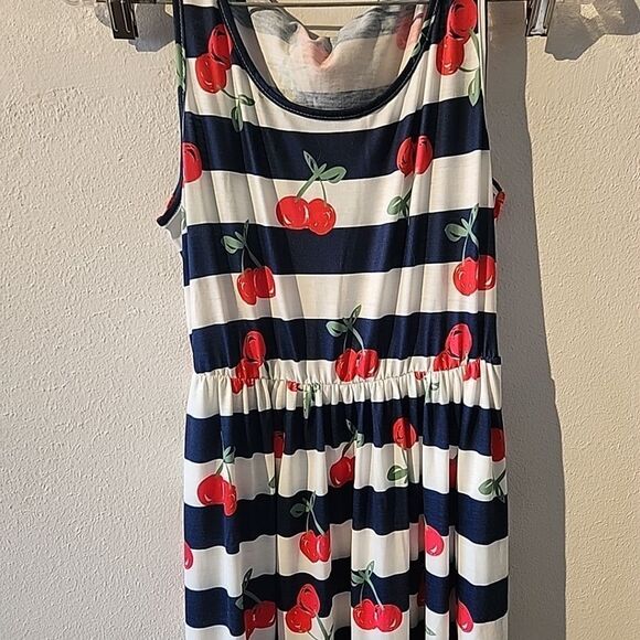 Maxi Dress Small Red Blue Striped Woth Cherries NWT Summer Sleevless - Picture 2 of 4